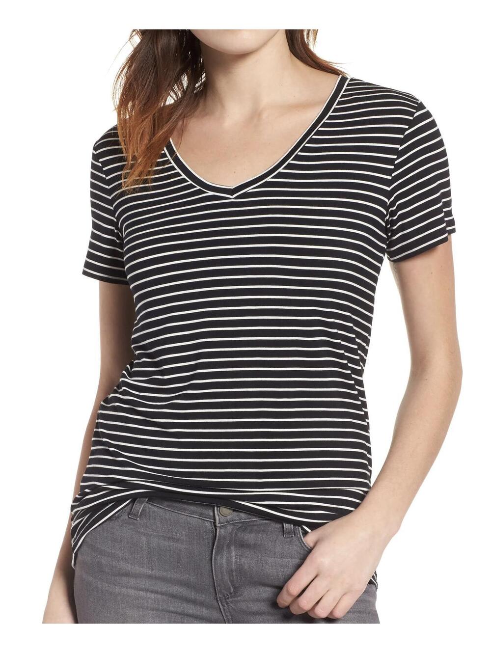 Halogen Modal Jersey V-Neck Tee Black Striped XS